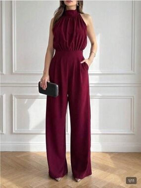 SHEIN Red Halter Wide-Leg Jumpsuit